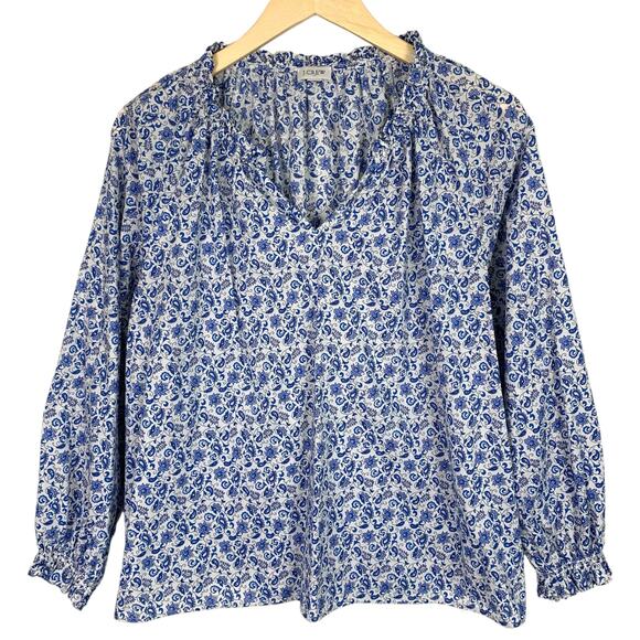 J.Crew Factory Women's Top Blue White Micro Floral Paisley Split Neck - Picture 1 of 11